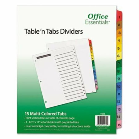 AVERY DENNISON Office Ess, TABLE 'N TABS DIVIDERS, 15-TAB, 1 TO 15, 11 X 8.5, WHITE 11675